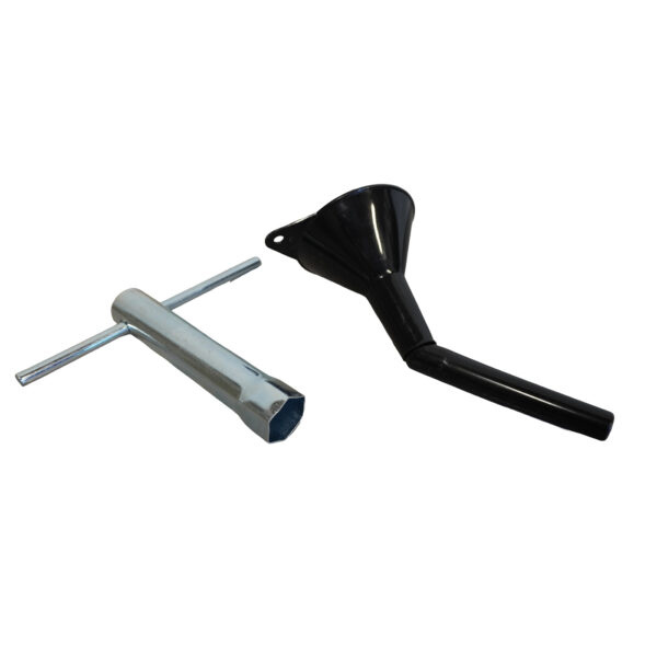 Black funnel and metal tool on a white background