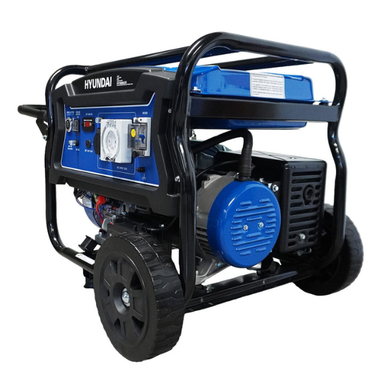 A Hyundai portable generator with a black metal frame, black wheels, and blue engine components, photographed on a solid white background.