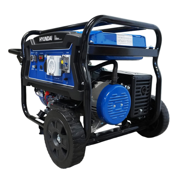 A Hyundai portable generator with a black metal frame, black wheels, and blue engine components, photographed on a solid white background.