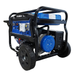 A Hyundai portable generator with a black metal frame, black wheels, and blue engine components, photographed on a solid white background.