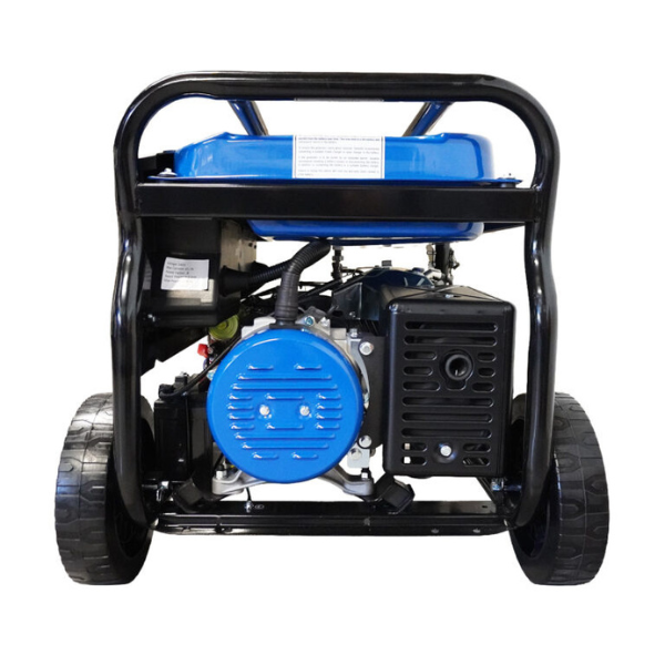 A portable gasoline-powered generator with a black metal frame and wheels, featuring a blue fuel tank and a blue circular engine cover, shown against a plain white background.