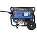 A Hyundai portable generator with a blue and black control panel, black metal frame, and a single black wheel, shown against a plain white background.