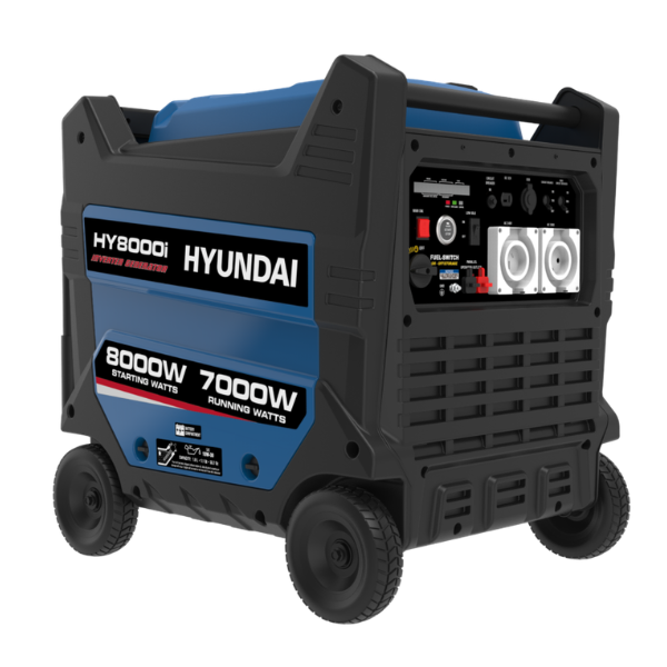 Hyundai HY8000i portable generator in black and blue, featuring a rugged wheeled design, front control panel, and high-output 8000W / 7000W ratings.
