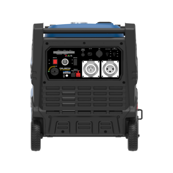 A portable inverter generator shown from the rear, featuring a black rugged housing, two black wheels, a blue top cover, and a detailed control panel with multiple outlets and switches.