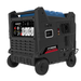 A black and blue portable generator with wheels, featuring a front control panel with outlets and a side label that reads HY8000I HYBRID GENERATOR, shown on a white background.