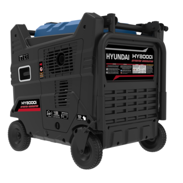 A Hyundai HY8000i portable generator with a black and dark gray body, blue top handle cover, and black wheels, shown on a plain white background.