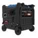 A Hyundai HY8000i portable generator with a black and dark gray body, blue top handle cover, and black wheels, shown on a plain white background.