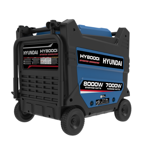 A Hyundai HY8000i portable generator with 8000W starting watts and 7000W running watts, featuring a black and blue rugged casing with wheels, shown on a white background.