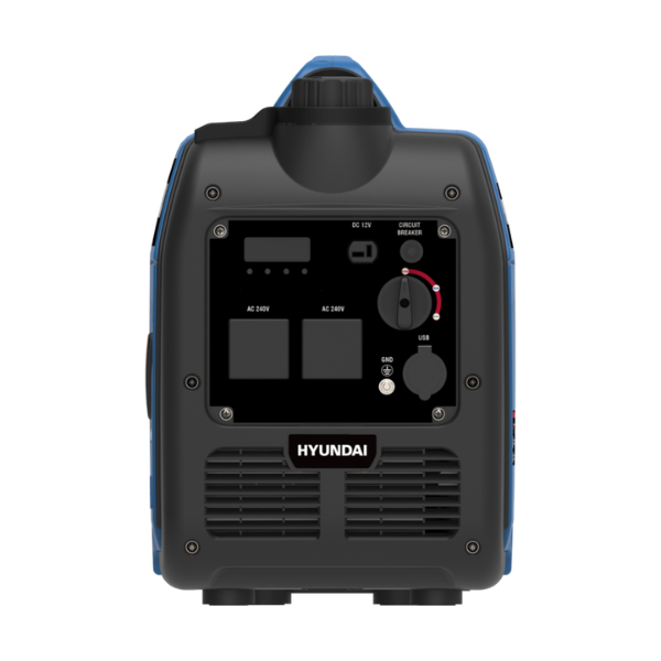 Hyundai portable generator shown from the back, featuring a black control panel with various outlets, switches, and ventilation grilles, framed in blue and black.
