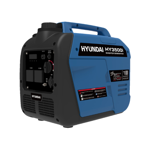 Hyundai HY350QI inverter generator in blue and black, shown at a three-quarter angle on a white background.