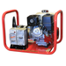 A portable generator with a red metal frame, a black and silver engine, a white fuel tank, and an electrical outlet box on a white background.