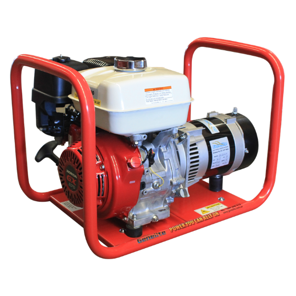 A portable gasoline-powered generator with a red tubular frame, red engine casing, white fuel tank, and silver alternator, shown on a plain white background.