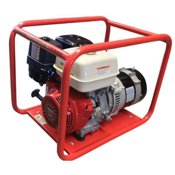 A portable gasoline engine generator with a red tubular frame, featuring a red engine block, a cream-colored fuel tank, and a black and silver alternator.