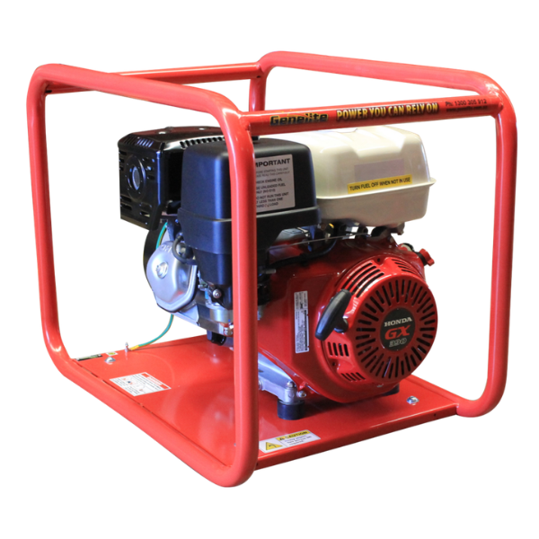 A portable Honda generator with a red metal frame, featuring a black and blue engine, a beige fuel tank, and a red engine cover, shown on a white background.