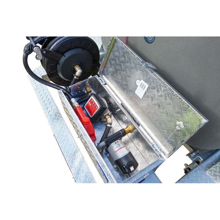 DieselPatrol15 2400L Dual Axle Diesel Fuel Trailer x Open Toolbox and Pump Close Up