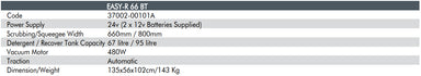Technical specifications table for a vacuum cleaner model EASY-R 66 BT