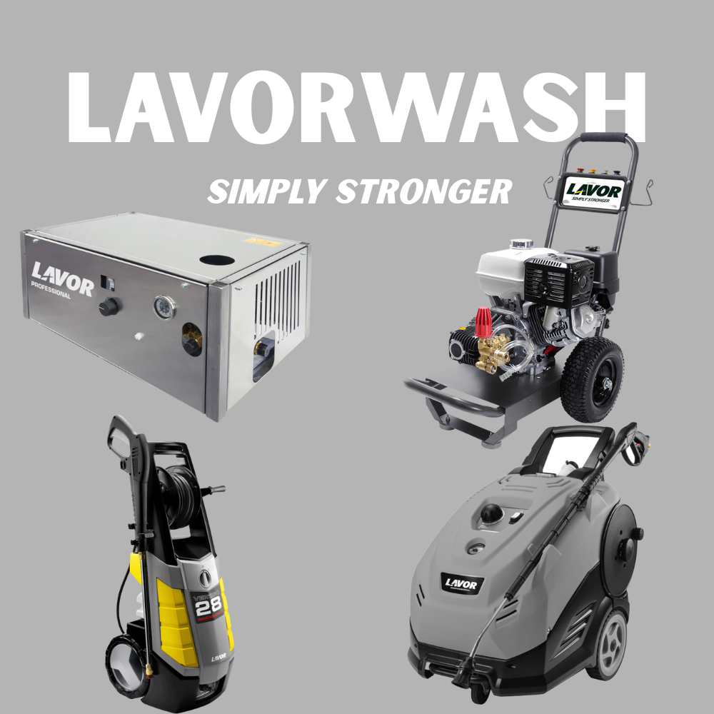 Lavor pressure washers on a gray background with 'Lavor Wash' branding.