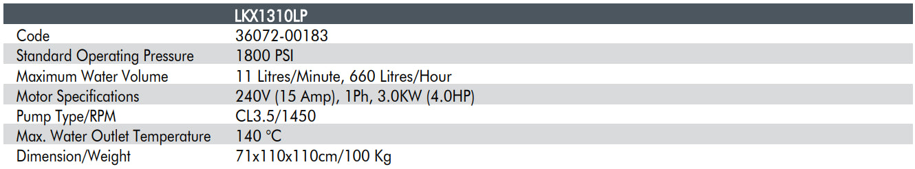 Technical specifications of a pump model LKX1310FP on a white background
