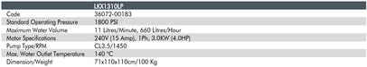 Technical specifications of a pump model LKX1310FP on a white background