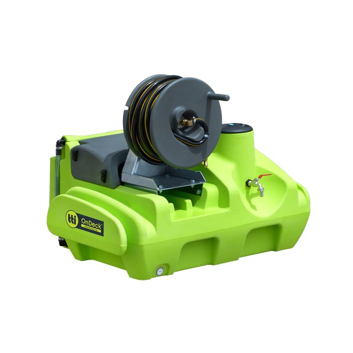 OnDeck 150L 12v UTV sprayer hose reel rear angle view