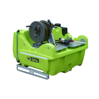 OnDeck 300L 12v UTV sprayer hose reel and pump angle view