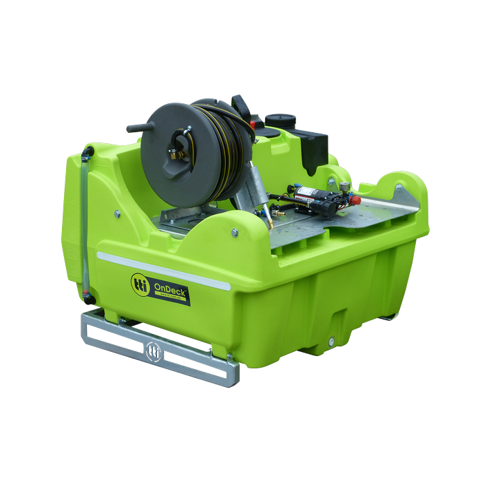 OnDeck 300L 12v UTV sprayer hose reel and pump angle view