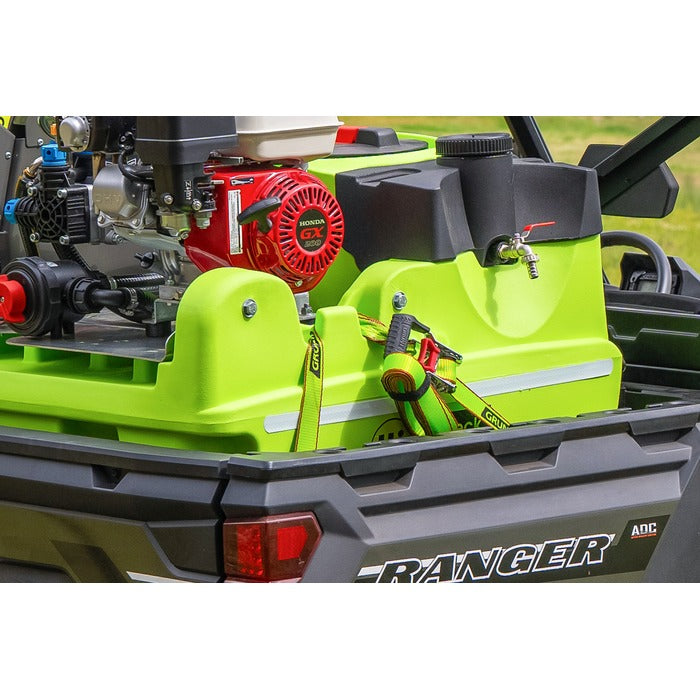 Tie down strap and freshwater tap on OnDeck 300L UTV sprayer