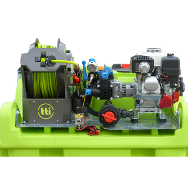 Top view of engine, pump and 50m SuperReel on OnDeck 300L UTV sprayer