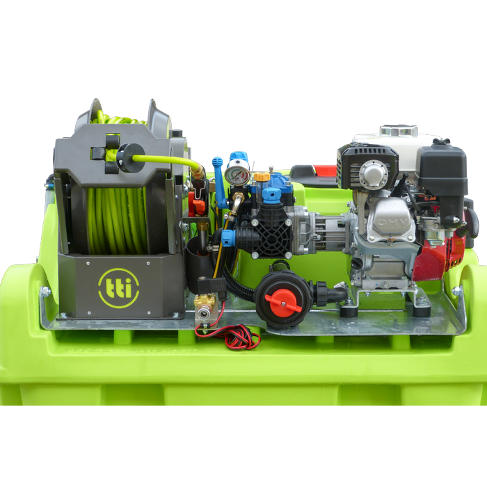 Top view of engine, pump and 50m SuperReel on OnDeck 300L UTV sprayer