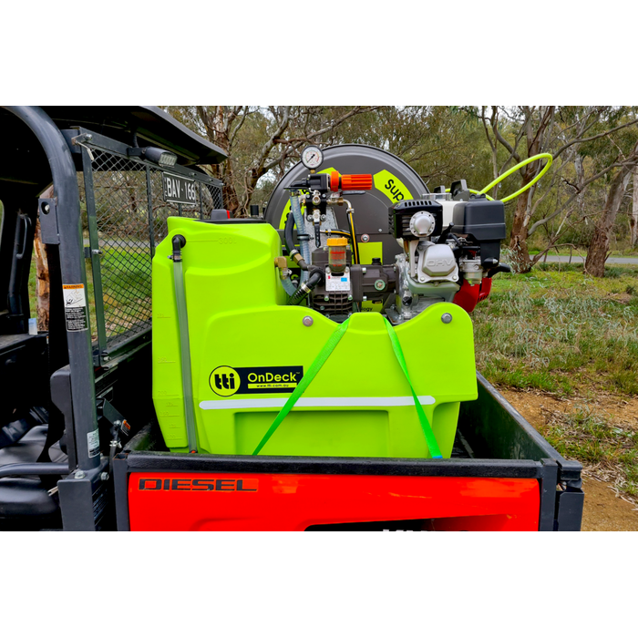OnDeck 300L UTV sprayer fitted to a Kubota tray with tie down straps