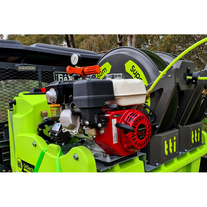 Honda GX200 engine and pump on OnDeck 300L twin SuperReel sprayer