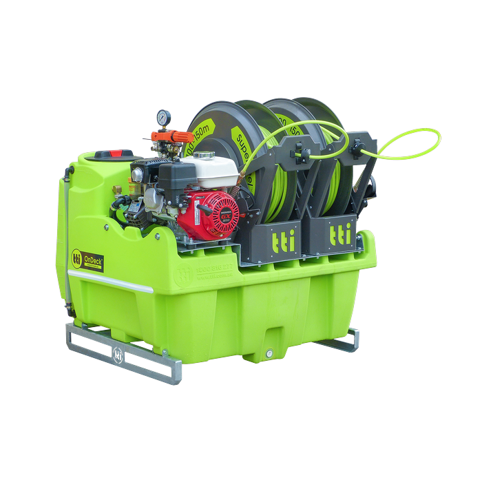 Side angle view of twin SuperReels on OnDeck 300L UTV sprayer