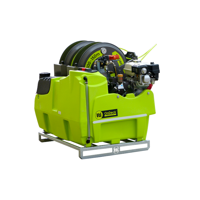OnDeck 300L twin SuperReel UTV sprayer side view on forkable frame