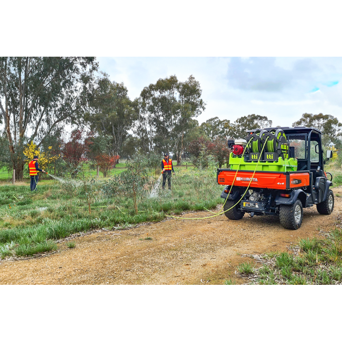 Two operators spraying from a Kubota UTV with the OnDeck 300L twin SuperReel sprayer