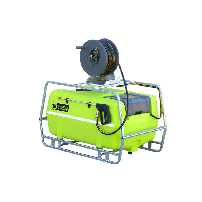 ReelStrike 200L 12v spot weed sprayer with 30m hose reel on galvanised frame