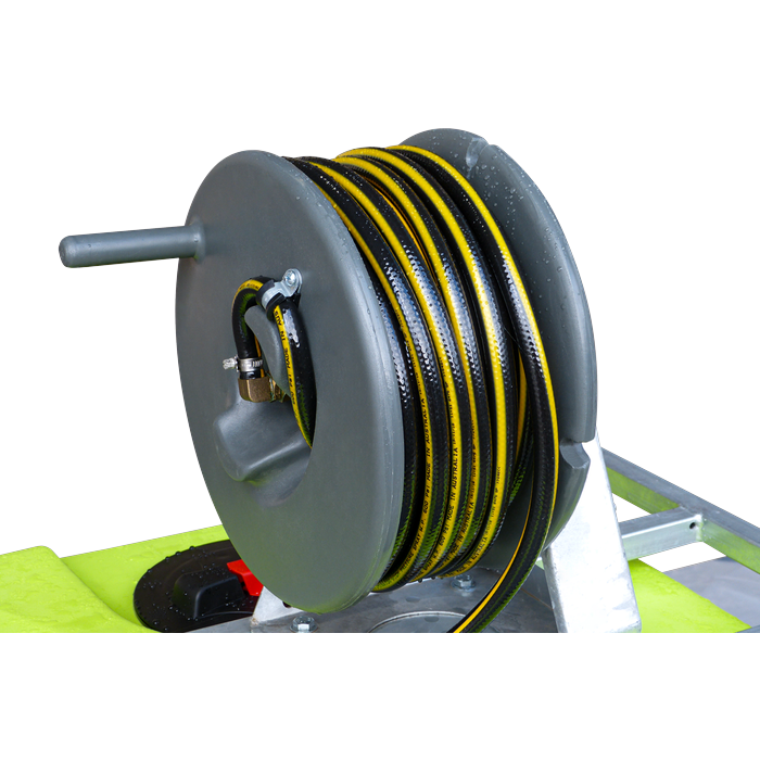 ReelStrike 400L 30m hose reel close up with yellow and black hose