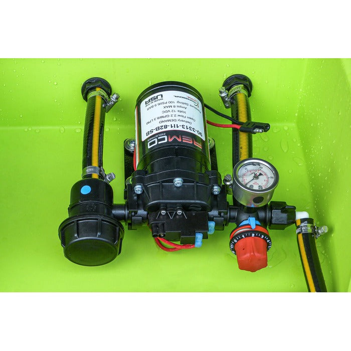 ReelStrike 400L 12v spot sprayer Remco pump, pressure regulator and gauge close up