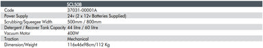 Technical specifications table for a scrubber-squeegee device with various measurements and features.