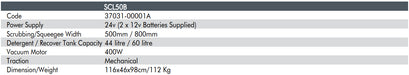 Technical specifications table for a scrubber-squeegee device with various measurements and features.