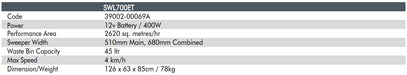 Technical specifications table for a sweeping machine model SWL7070ET