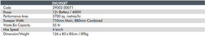 Technical specifications table for a sweeper with model number SW900ET.
