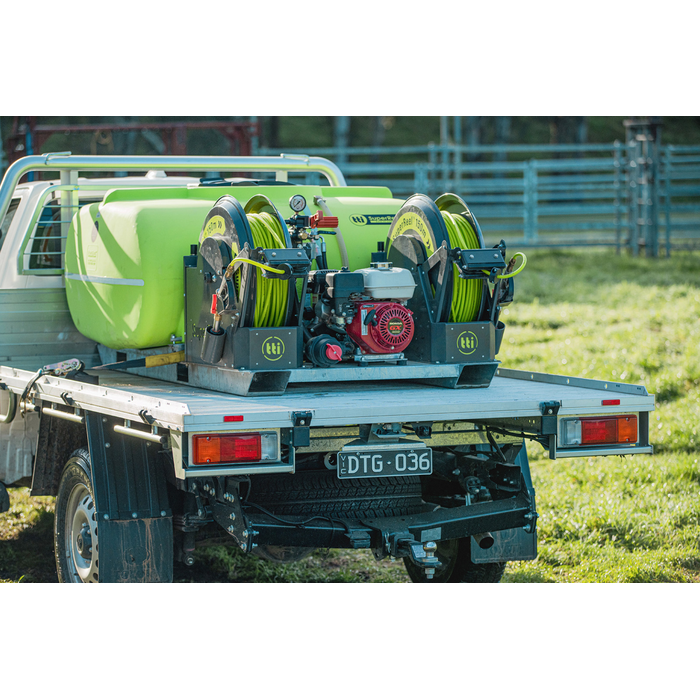 SuperReel 1000L Twin Reel Slip On Field Sprayer mounted on ute tray close up
