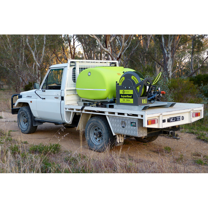 SuperReel 400L Short Single Reel Slip On Field Sprayer mounted on ute tray rear view