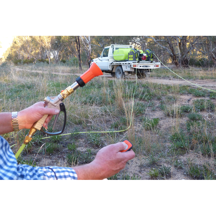 SuperReel 400L Short Single Reel Slip On Field Sprayer spray gun in use
