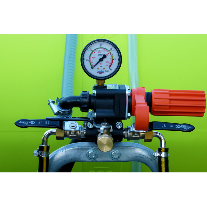 SuperReel 400L Short Twin Reel Slip On Field Sprayer pressure gauge and regulator close up