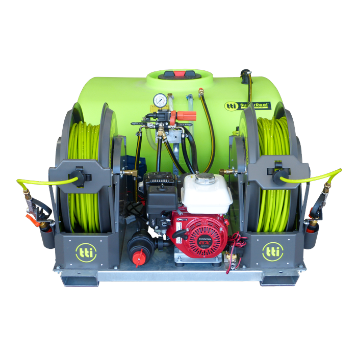 SuperReel 500L Twin Reel Slip On Field Sprayer front view of twin reels