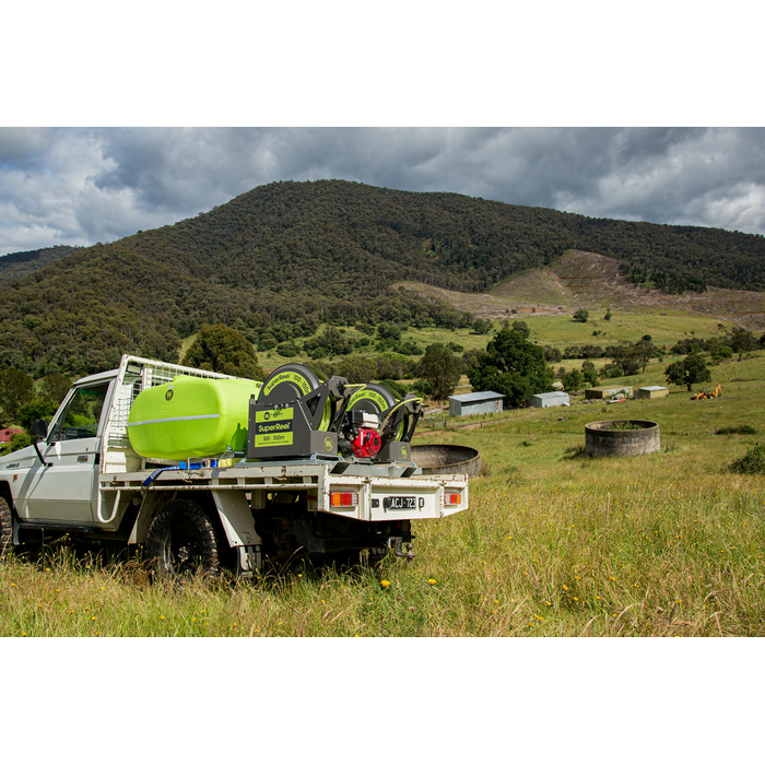 SuperReel 500L Twin Reel Slip On Field Sprayer mounted on ute tray