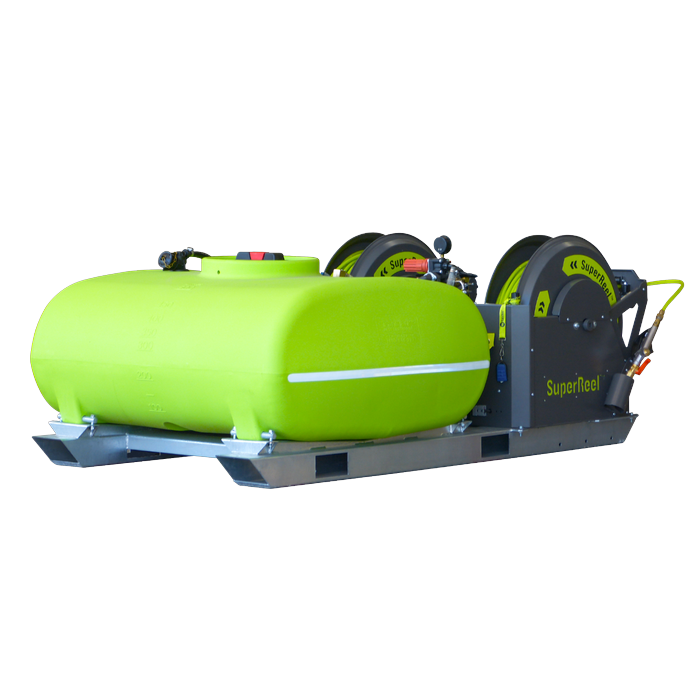 SuperReel 500L Twin Reel Slip On Field Sprayer side view of twin reels