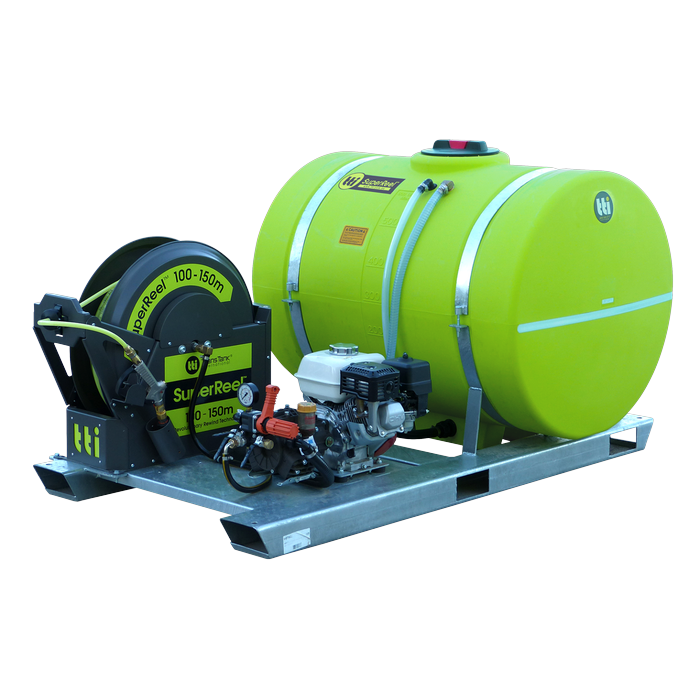 SuperReel 600L Short Single Reel Slip On Field Sprayer engine and pump side view