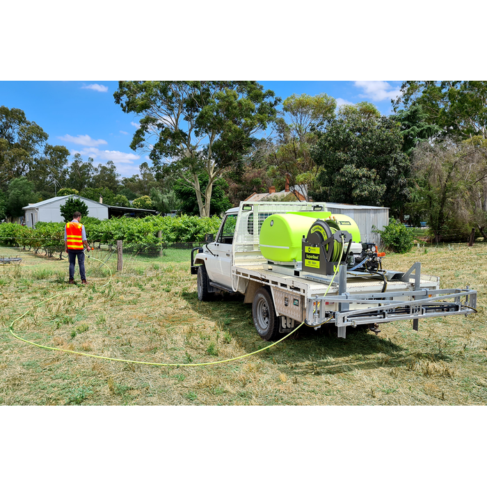 SuperReel 600L Single Reel Slip On Field Sprayer mounted on ute tray